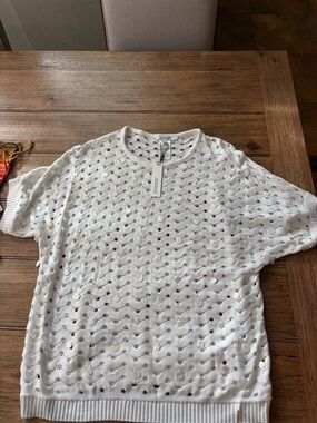 Chico's White Short-Sleeve Eyelet Knit Top with Iridescent Sequins